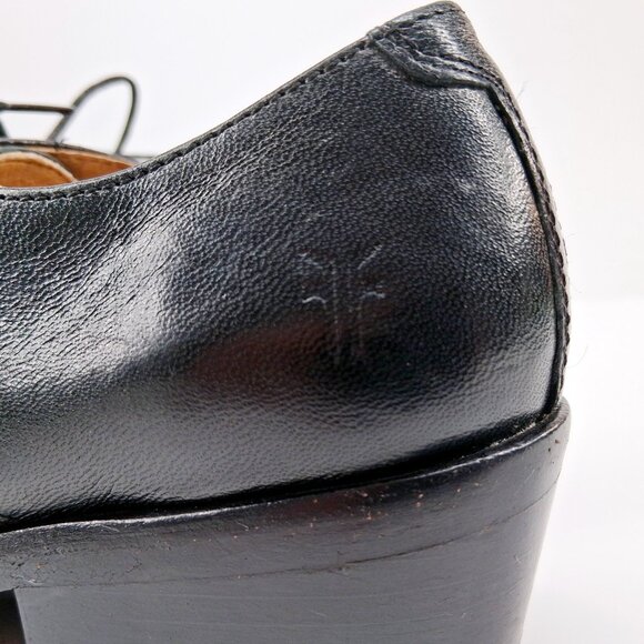 Frye Carson Oxford Black Leather Lace Up Low Stacked Heel Almond Toe SZ 7 - Picture 9 of 12